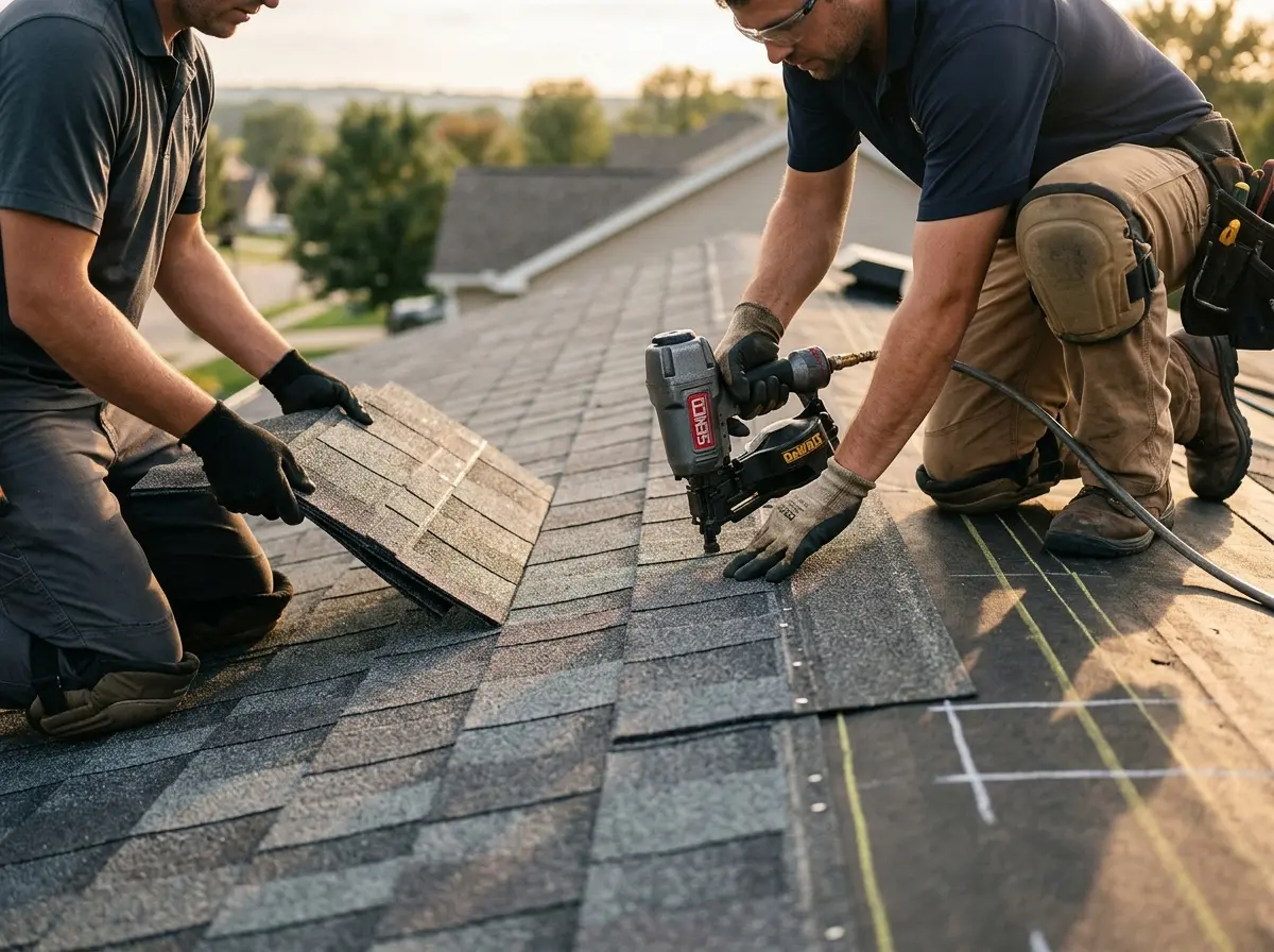 Professional roofer working on a residential roof in New Carlisle